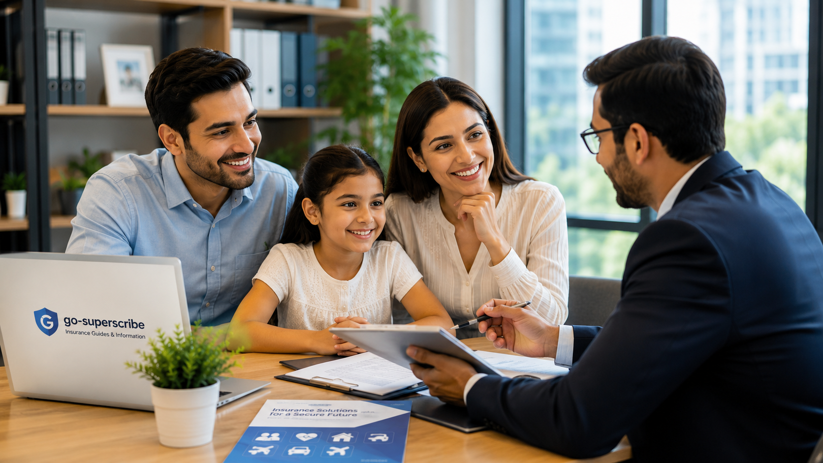 Family meeting with an insurance advisor discussing insurance coverage