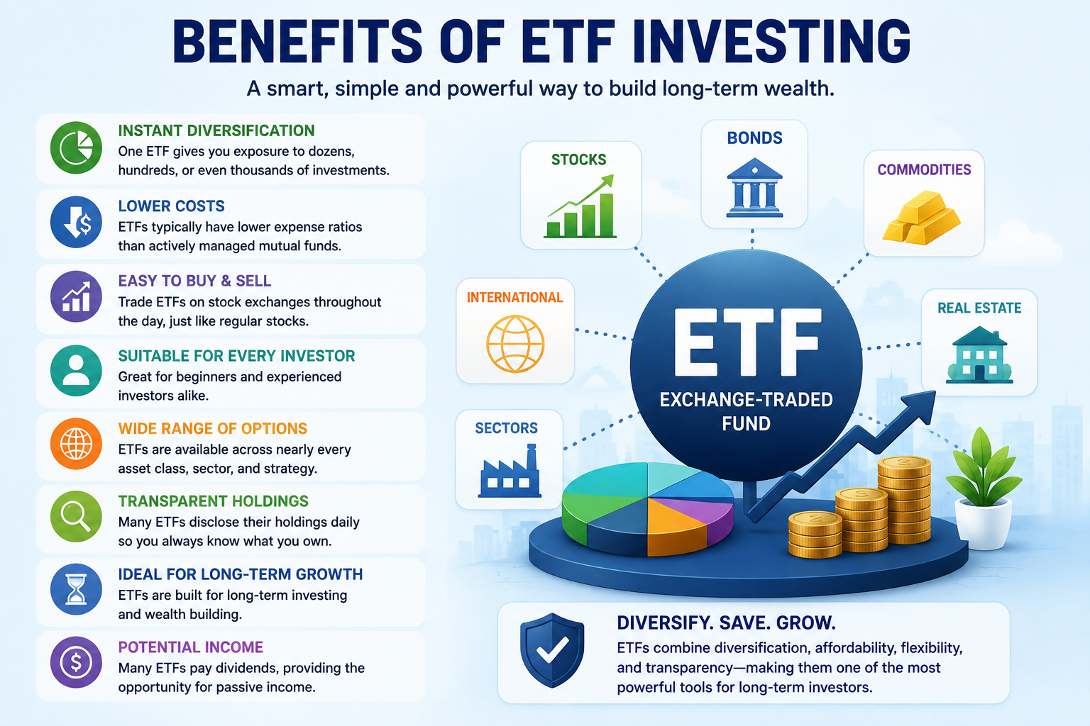 Illustration showing the advantages of ETF investing