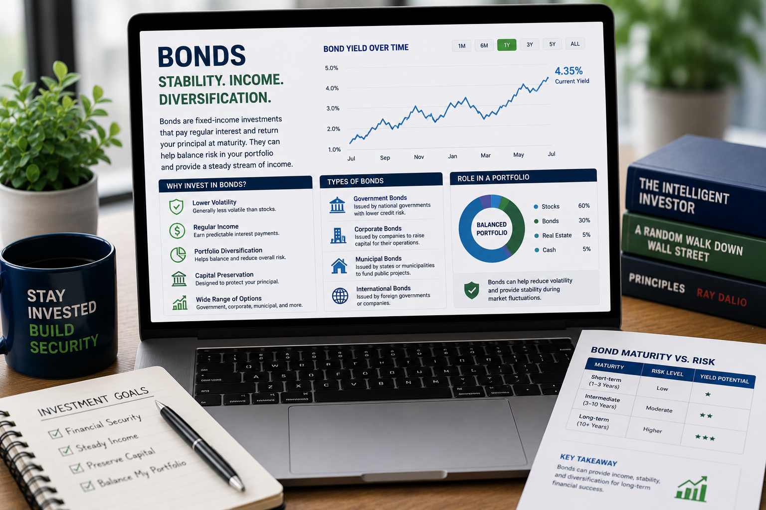 Government and corporate bonds representing fixed-income investing