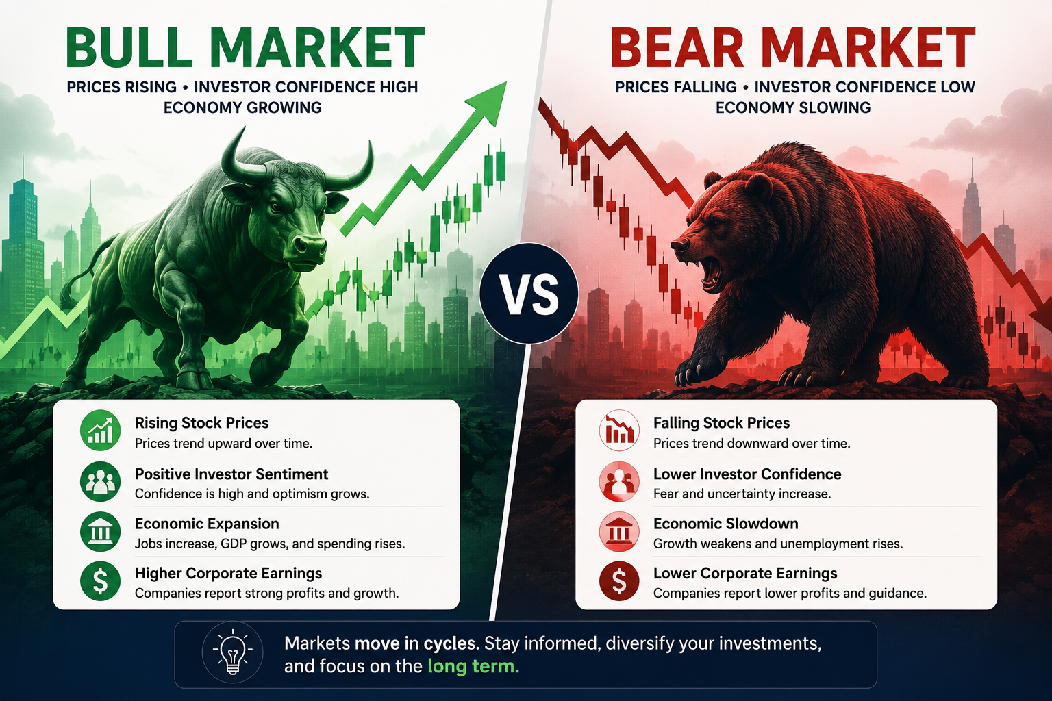 Illustration comparing bull markets and bear markets