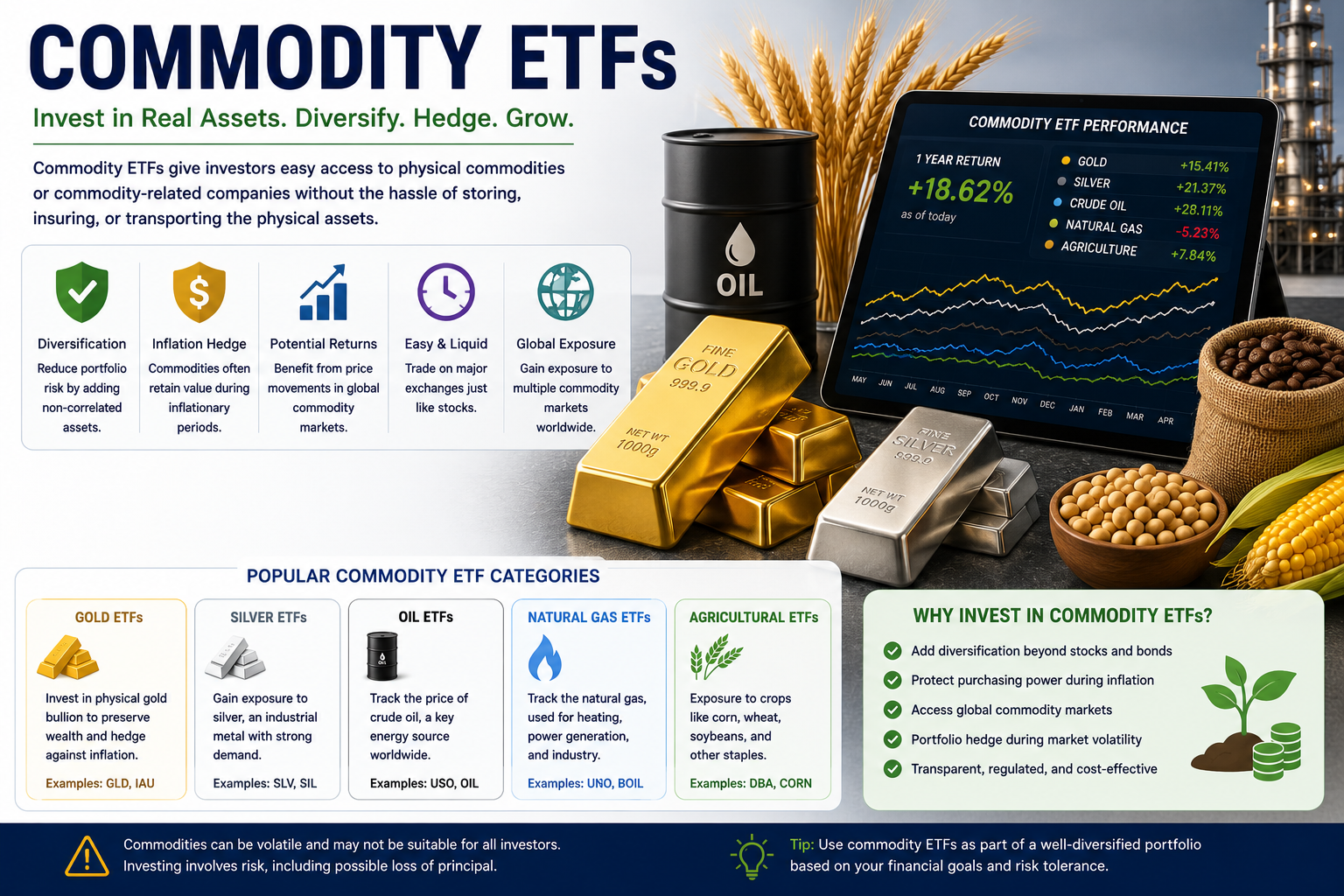 Investor using commodity ETFs for portfolio diversification