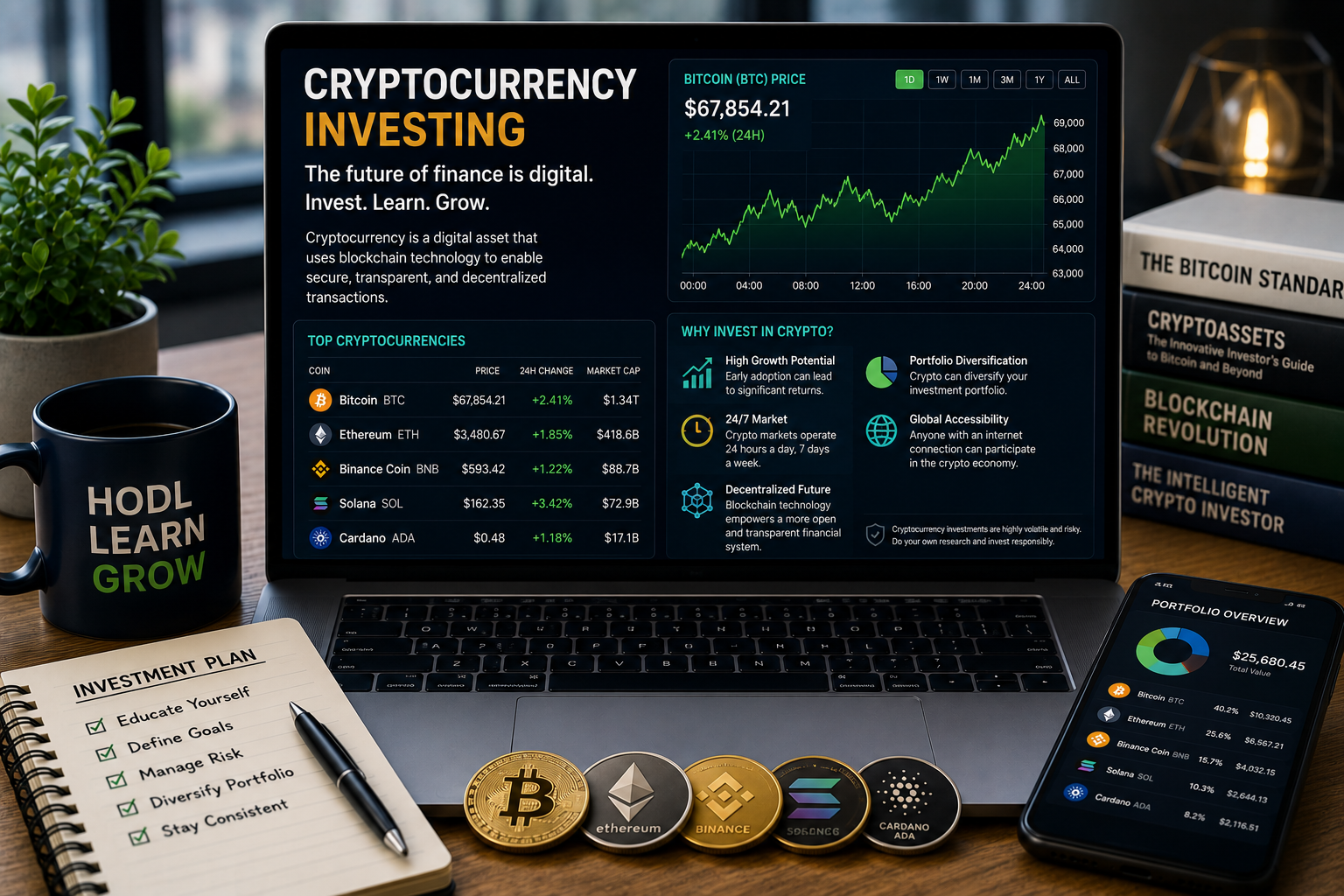 Digital cryptocurrency coins representing blockchain investing