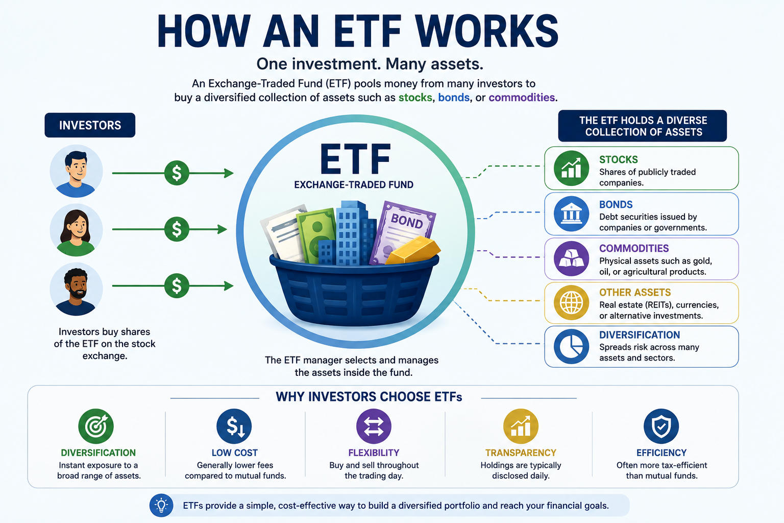 Illustration showing how an ETF holds multiple investments in one fund