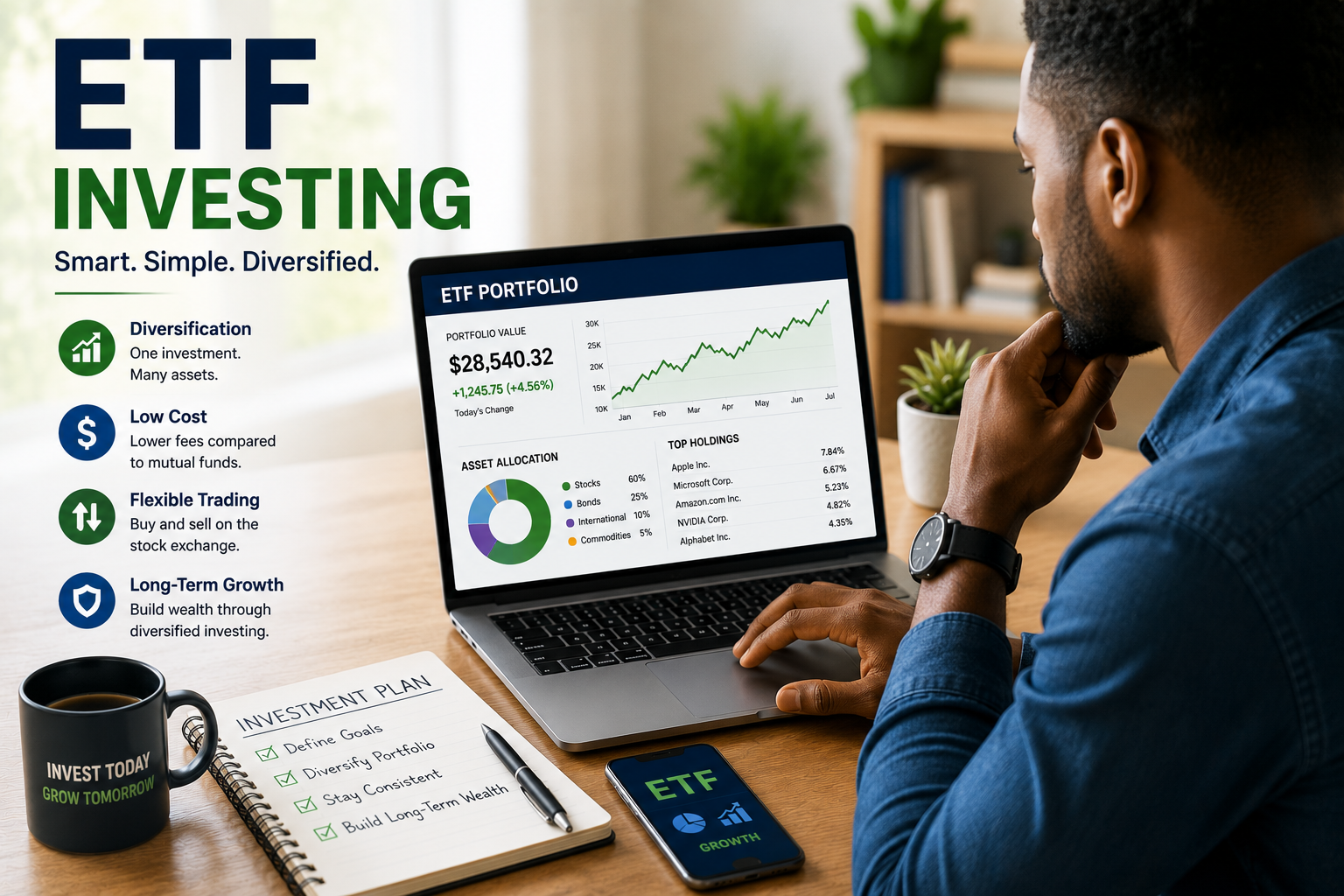Investor reviewing ETF investment portfolio on a laptop