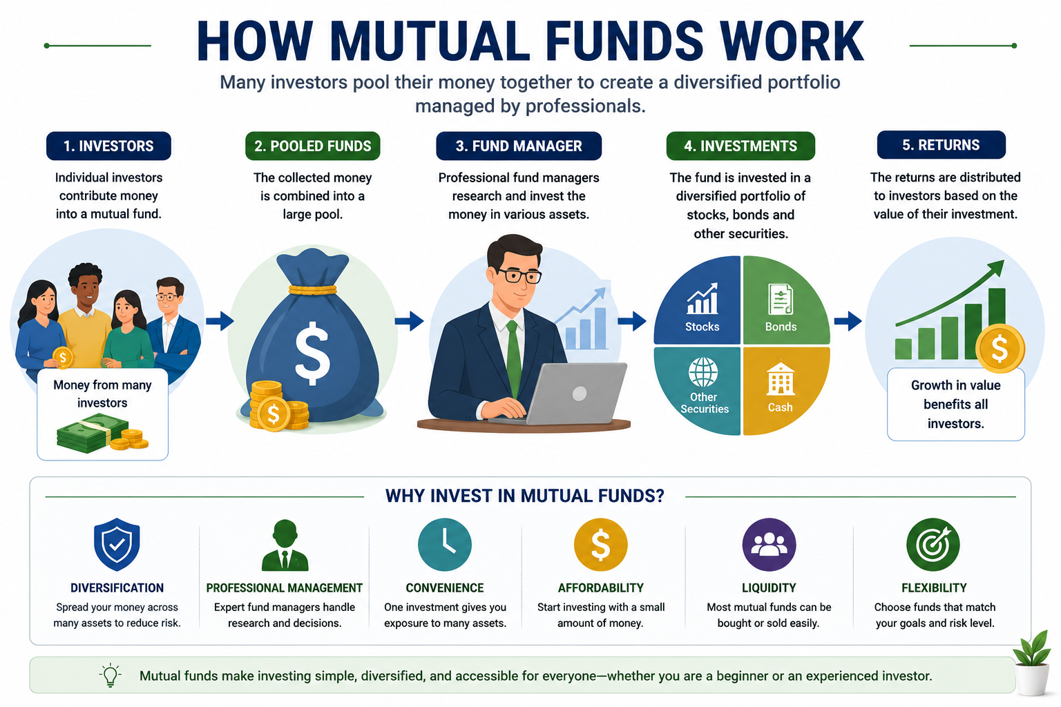 Overview of how mutual funds pool investors' money into diversified portfolios