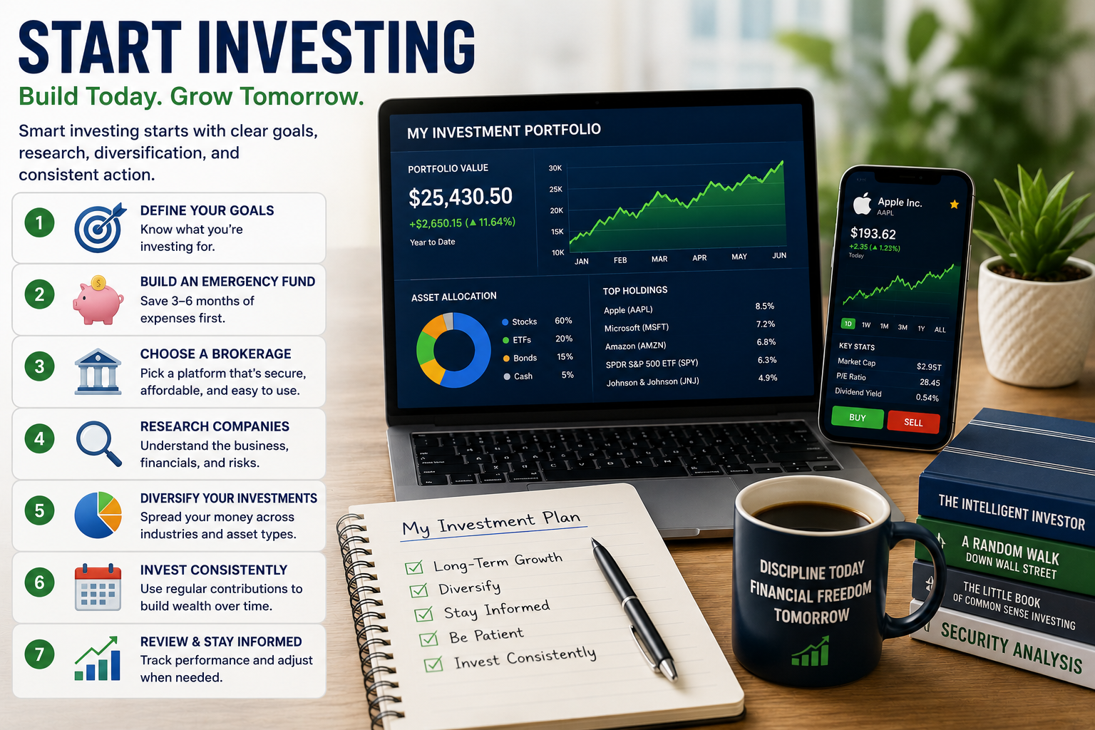 Investor creating a diversified stock investment portfolio