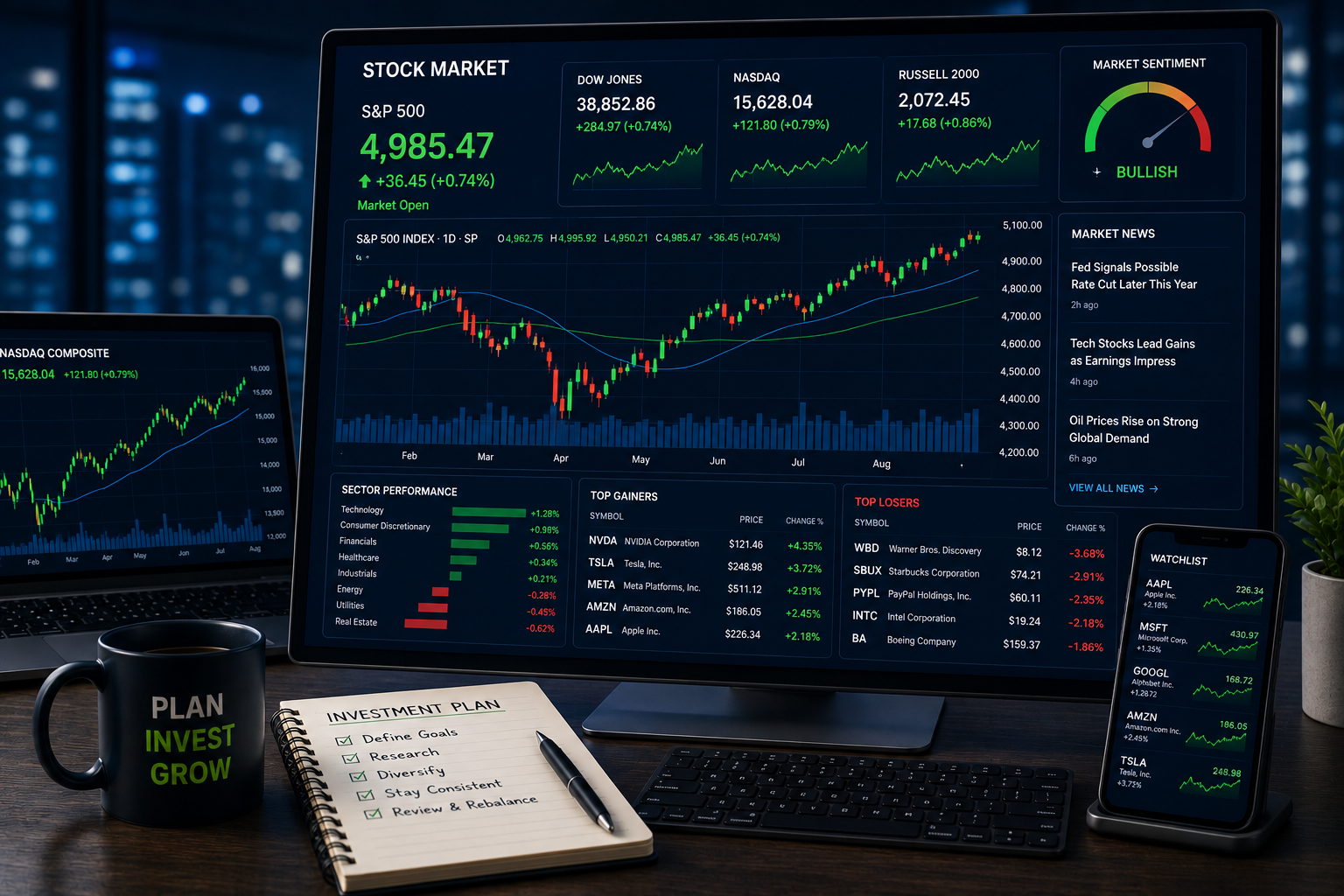 Digital stock market dashboard showing financial charts and trading activity