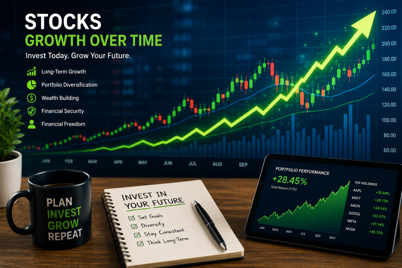 Investor analyzing stock market growth and investment performance