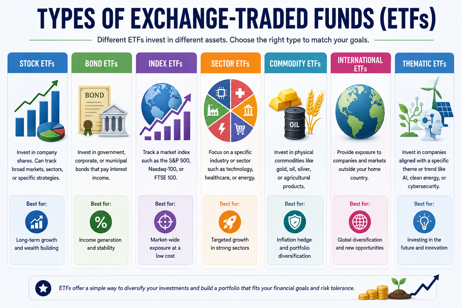 Different types of Exchange-Traded Funds illustrated with investment categories
